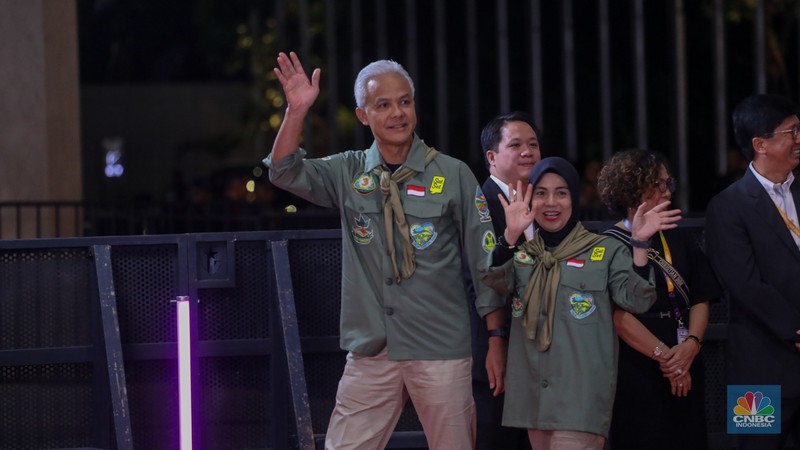 Ganjar Pranowo tiba di JCC Senayan, Jakarta, Minggu (21/1/2024). (CNBC Indonesia/Faisal Rahman)