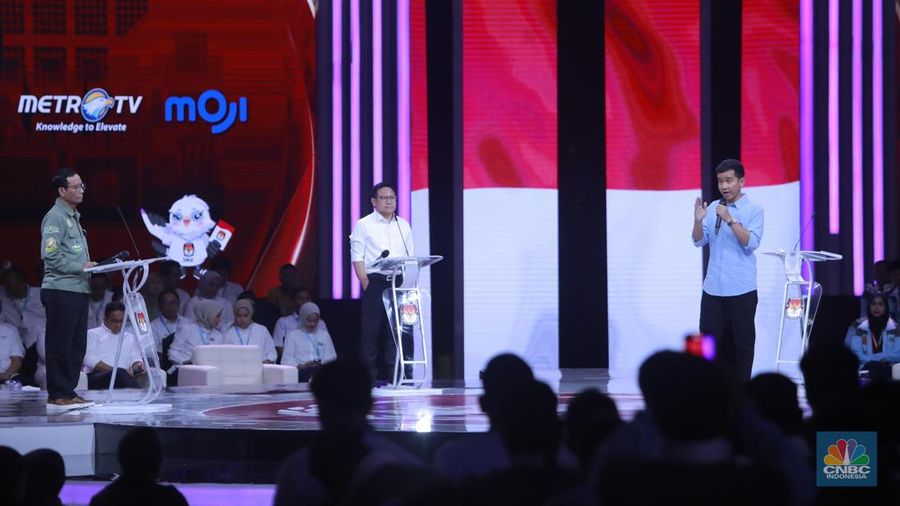 Suasana saat debat keempat Calon Wakil Presiden (Cawapres) Pemilu Tahun 2024. (CNBC Indonesia/Muhammad Sabki)
