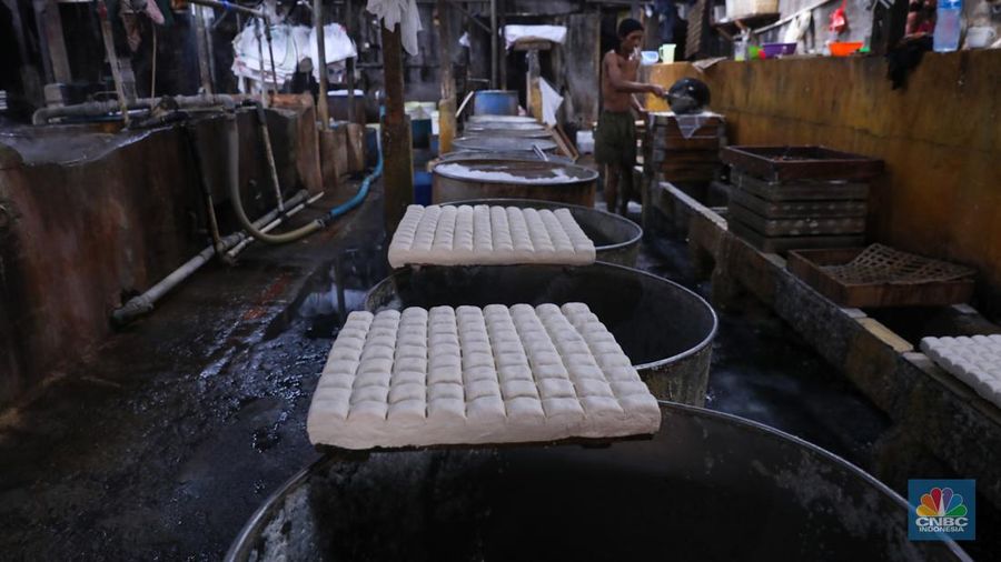 Kacang kedelai pada salah satu pabrik tahu di Jakarta, Selasa (23/1/2024). (CNBC Indonesia/Faisal Rahman)