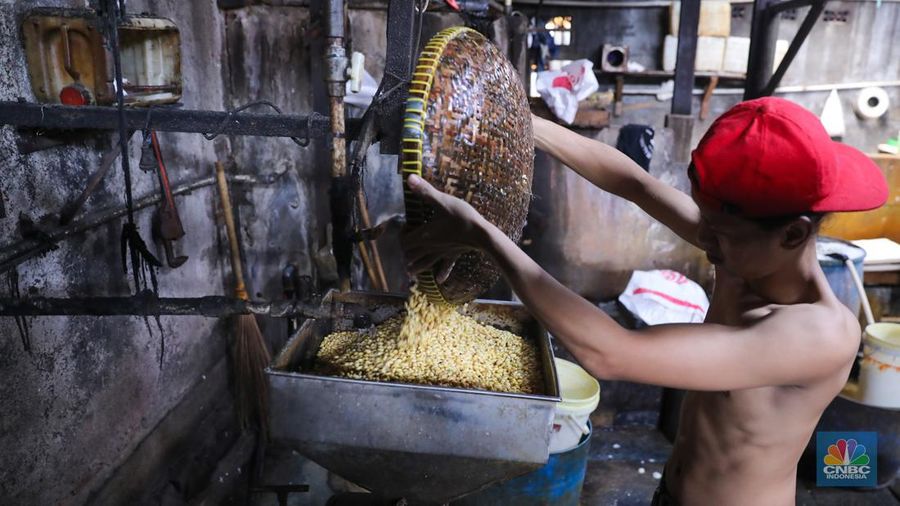 Kacang kedelai pada salah satu pabrik tahu di Jakarta, Selasa (23/1/2024). (CNBC Indonesia/Faisal Rahman)