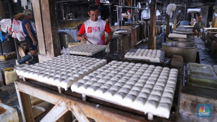 Kacang kedelai pada salah satu pabrik tahu di Jakarta, Selasa (23/1/2024). (վ/Faisal Rahman)