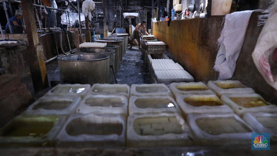 Kacang kedelai pada salah satu pabrik tahu di Jakarta, Selasa (23/1/2024). (CNBC Indonesia/Faisal Rahman)