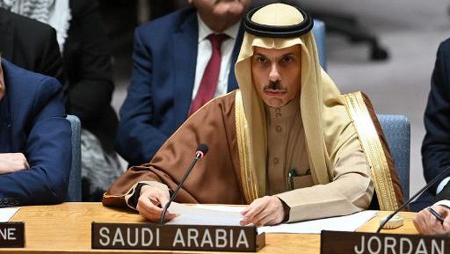 Saudi Arabia's Foreign Minister Prince Faisal bin Farhan Al Saud speaks during a UN Security Council meeting on the situation in the Middle East, and the Israel-Hamas war at the United Nations headquarters on November 29, 2023 in New York City. Gazans are 