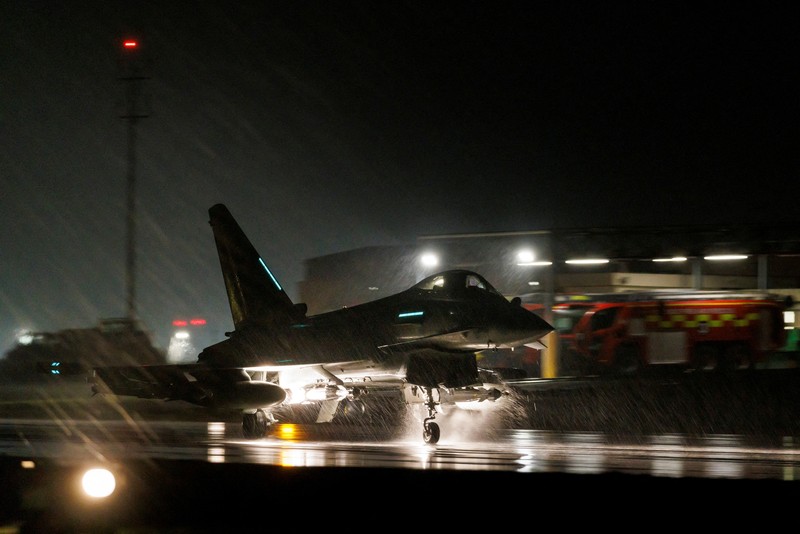 YEMEN-HOUTHIS/BRITAIN RAF Armourers (Weapon Technicians) prepare a Royal Air Force Typhoon FGR4.Royal Air Force Typhoon aircraft have conducted precision strike operations against Houthi military targets in response to further attacks on shipping in the Red Sea, in this undated handout image. UK MOD/Handout via REUTERS THIS IMAGE HAS BEEN SUPPLIED BY A THIRD PARTY NO RESALES. NO ARCHIVES. MANDATORY CREDIT