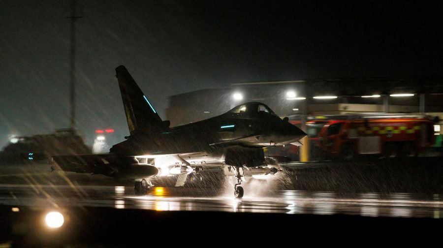 RAF Armourers (Weapon Technicians) prepare a Royal Air Force Typhoon FGR4.Royal Air Force Typhoon aircraft have conducted precision strike operations against Houthi military targets in response to further attacks on shipping in the Red Sea, in this undated handout image. UK MOD/Handout via REUTERS THIS IMAGE HAS BEEN SUPPLIED BY A THIRD PARTY NO RESALES. NO ARCHIVES. MANDATORY CREDIT
