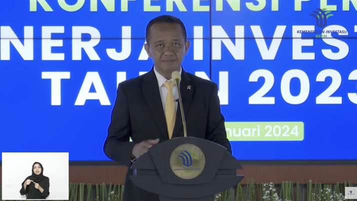 Bahlil Lahadalia dalam acara Konferensi Pers Kinerja Investasi Tahun 2023. (Tangkapan layar Youtube Kementerian Investasi - BKPM)