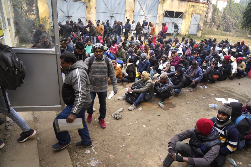 India Israel Workers Indian workers aspiring to be hired for jobs in Israel line up during a recruitment drive in Lucknow, India, Thursday, Jan. 25, 2024. (AP Photo/Rajesh Kumar Singh)
