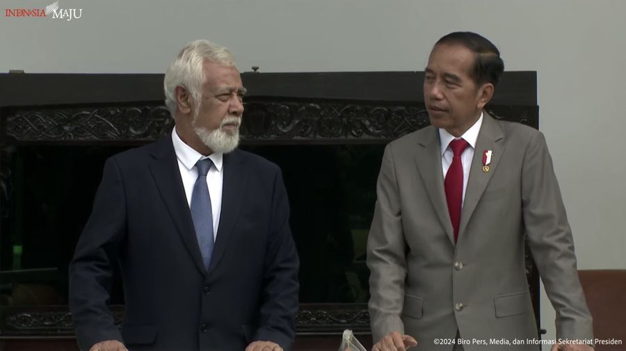 Presiden Joko Widodo (Jokowi) menyambut kunjungan kenegaraan Perdana Menteri Republik Demokratik Timor Leste Xanana Gusmao Upacara penyambutan dilakukan di Istana Bogor, Jumat (26/1/2024). (Tangkapan Layar Youtube Sekretariat Presiden)