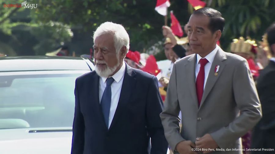 Presiden Joko Widodo (Jokowi) menyambut kunjungan kenegaraan Perdana Menteri Republik Demokratik Timor Leste Xanana Gusmao Upacara penyambutan dilakukan di Istana Bogor, Jumat (26/1/2024). (Tangkapan Layar Youtube Sekretariat Presiden)