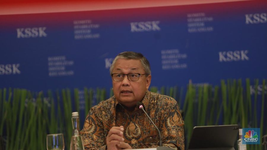 Gubernur Bank Indonesia, Perry Warjiyo dalam acara Konferensi pers Hasil Rapat Berkala KSSK I Tahun 2024 di Kementerian Keuangan, Selasa (30/1/2024). (CNBC Indonesia/Muhammad Sabki)