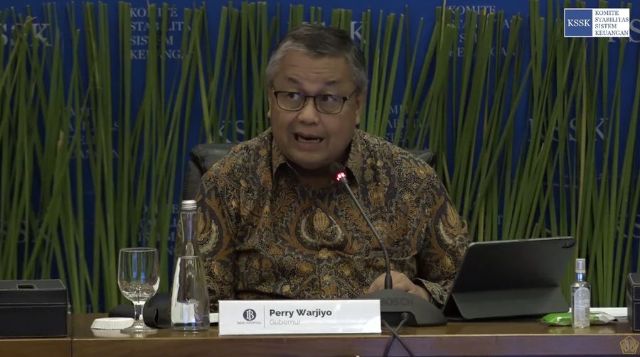Gubernur Bank Indonesia, Perry Warjiyo dalam acara Konferensi pers Hasil Rapat Berkala KSSK I Tahun 2024 di Kementerian Keuangan, Selasa (30/1/2024). (Tangkapan layar Youtube Kemenkeu RI)