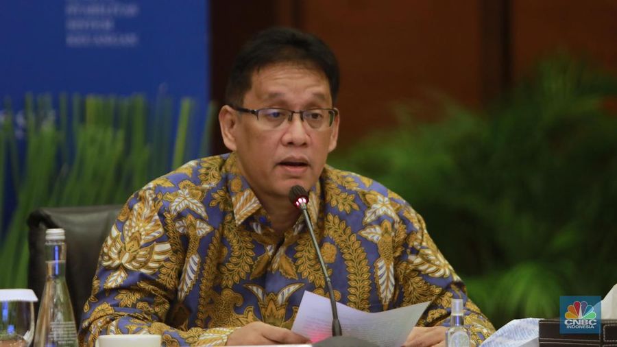 Ketua Dewan Komisioner LPS Purbaya Yudhi Sadewa memberi pemaparan di Konferensi pers Hasil Rapat Berkala KSSK I Tahun 2024 di Kementerian Keuangan, Selasa (30/1/2024). (CNBC Indonesia/Muhammad Sabki)