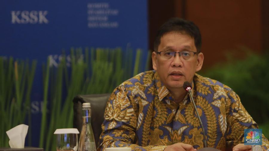 Ketua Dewan Komisioner LPS Purbaya Yudhi Sadewa memberi pemaparan di Konferensi pers Hasil Rapat Berkala KSSK I Tahun 2024 di Kementerian Keuangan, Selasa (30/1/2024). (CNBC Indonesia/Muhammad Sabki)