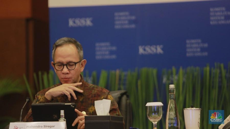 Ketua DK OJK, Mahendra Siregar dalam acara Konferensi pers Hasil Rapat Berkala KSSK I Tahun 2024 di Kementerian Keuangan, Selasa (30/1/2024). (CNBC Indonesia/Muhammad Sabki)
