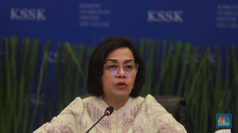 Menteri Keuangan, Sri Mulyani dalam acara Konferensi pers Hasil Rapat Berkala KSSK I Tahun 2024 di Kementerian Keuangan, Selasa (30/1/2024). (CNBC Indonesia/Muhammad Sabki)
