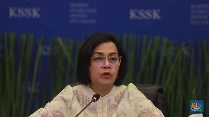 Menteri Keuangan, Sri Mulyani dalam acara Konferensi pers Hasil Rapat Berkala KSSK I Tahun 2024 di Kementerian Keuangan, Selasa (30/1/2024). (CNBC Indonesia/Muhammad Sabki)