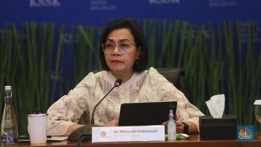Menteri Keuangan, Sri Mulyani dalam acara Konferensi pers Hasil Rapat Berkala KSSK I Tahun 2024 di Kementerian Keuangan, Selasa (30/1/2024). (CNBC Indonesia/Muhammad Sabki)