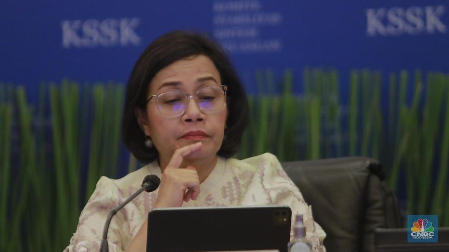 Menteri Keuangan, Sri Mulyani dalam acara Konferensi pers Hasil Rapat Berkala KSSK I Tahun 2024 di Kementerian Keuangan, Selasa (30/1/2024). (CNBC Indonesia/Muhammad Sabki)