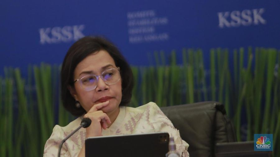 Menteri Keuangan, Sri Mulyani dalam acara Konferensi pers Hasil Rapat Berkala KSSK I Tahun 2024 di Kementerian Keuangan, Selasa (30/1/2024). (CNBC Indonesia/Muhammad Sabki)