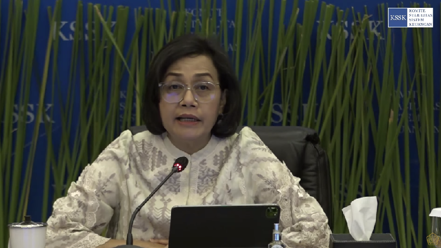 Menteri Keuangan, Sri Mulyani dalam acara Konferensi pers Hasil Rapat Berkala KSSK I Tahun 2024 di Kementerian Keuangan, Selasa (30/1/2024). (Tangkapan layar Youtube Kemenkeu RI)