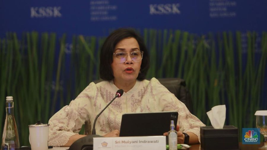 Menteri Keuangan, Sri Mulyani dalam acara Konferensi pers Hasil Rapat Berkala KSSK I Tahun 2024 di Kementerian Keuangan, Selasa (30/1/2024). (CNBC Indonesia/Muhammad Sabki)