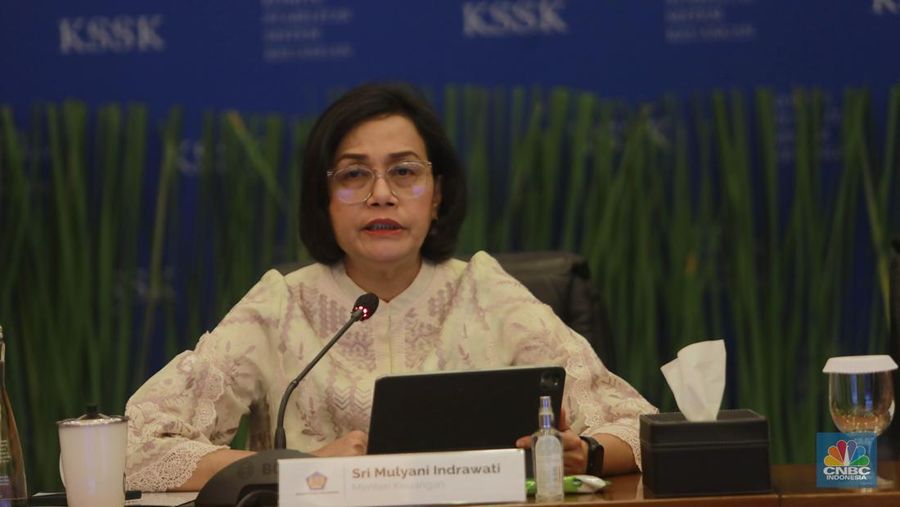 Menteri Keuangan, Sri Mulyani dalam acara Konferensi pers Hasil Rapat Berkala KSSK I Tahun 2024 di Kementerian Keuangan, Selasa (30/1/2024). (CNBC Indonesia/Muhammad Sabki)