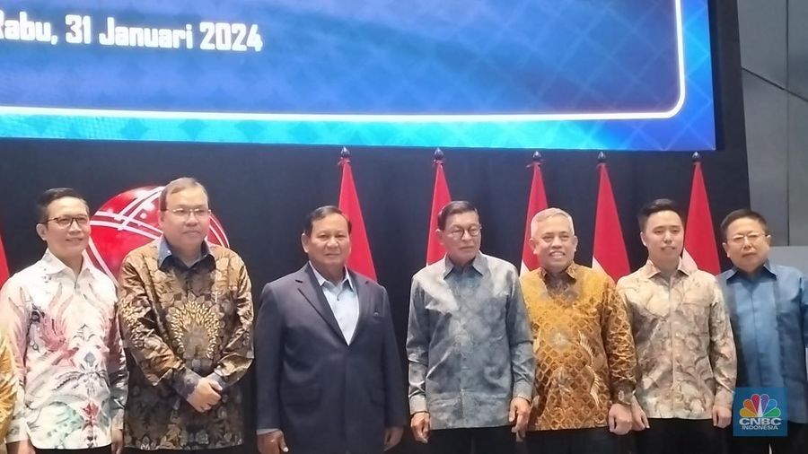 Calon Presiden Nomor Urut 2 Prabowo Subianto berkunjung ke Bursa Efek Indonesia (BEI), Rabu (31/1/2024). (²©²ÊÍøÕ¾/Mentari Puspadini)