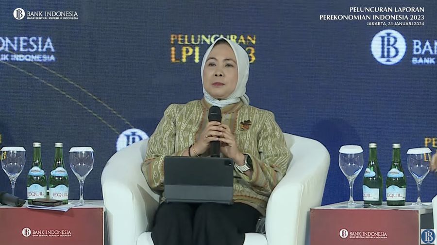 Deputi Gubernur Bank Indonesia (BI) Aida S. Budiman dalam acara Peluncuran Laporan Perekonomian Indonesia 2023. (Tangkapan layar Youtube Bank indonesia)