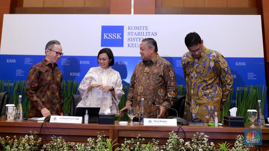 Konferensi pers Hasil Rapat Berkala KSSK I Tahun 2024 di Kementerian Keuangan, Selasa (30/1/2024). (CNBC Indonesia/Muhammad Sabki)