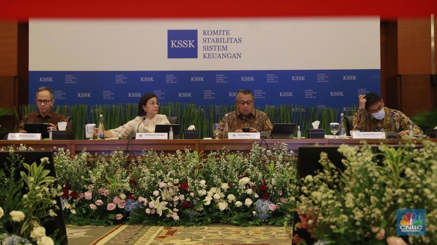 Konferensi pers Hasil Rapat Berkala KSSK I Tahun 2024 di Kementerian Keuangan, Selasa (30/1/2024). (CNBC Indonesia/Muhammad Sabki)