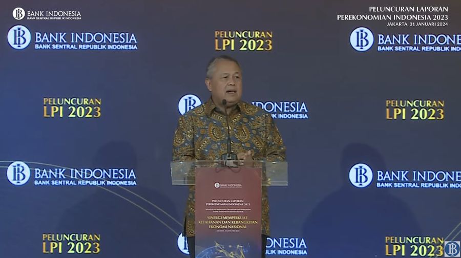 Sambutan Gubernur Bank Indonesia (BI) Perry Warjiyo dalam Peluncuran Laporan Perekonomian Indonesia 2023, Rabu (31/1/2024). (Tangkapan layar Youtube Bank Indonesia)
