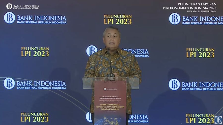 Sambutan Gubernur Bank Indonesia (BI) Perry Warjiyo dalam Peluncuran Laporan Perekonomian Indonesia 2023, Rabu (31/1/2024). (Tangkapan layar Youtube Bank Indonesia)