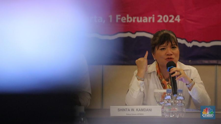 Ketua Umum APINDO, Shinta W. Kamdani saat konferensi pers KLINGKING FUN 2024, Pesta Diskon Anti Golput di Jakarta, Kamis (1/2/2024). (CNBC Indonesia/Faisal Rahman)