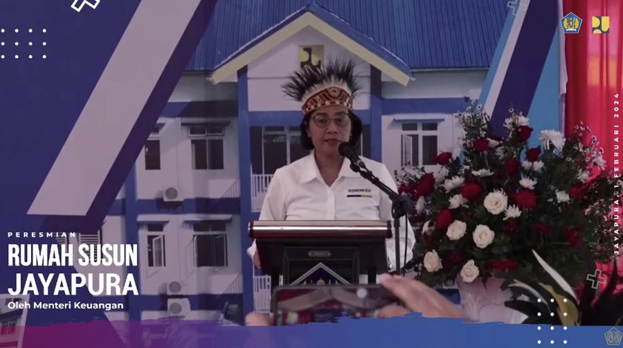 Menteri Keuangan, Sri Mulyani dalam acara peresmian Rusun ASN Kemenkeu di Jayapura, Papua, Kamis (1/2/2024). (Tangkapan layar Youtube Kemenkeu)