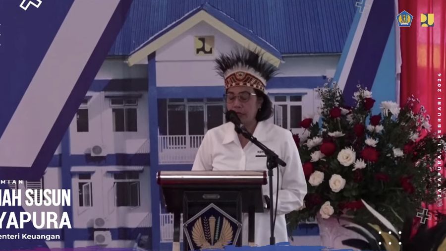 Menteri Keuangan, Sri Mulyani dalam acara peresmian Rusun ASN Kemenkeu di Jayapura, Papua, Kamis (1/2/2024). (Tangkapan layar Youtube Kemenkeu)