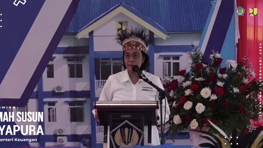 Menteri Keuangan, Sri Mulyani dalam acara peresmian Rusun ASN Kemenkeu di Jayapura, Papua, Kamis (1/2/2024). (Tangkapan layar Youtube Kemenkeu)