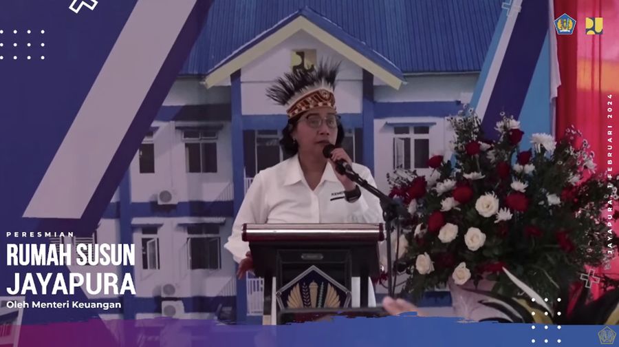 Menteri Keuangan, Sri Mulyani dalam acara peresmian Rusun ASN Kemenkeu di Jayapura, Papua, Kamis (1/2/2024). (Tangkapan layar Youtube Kemenkeu)