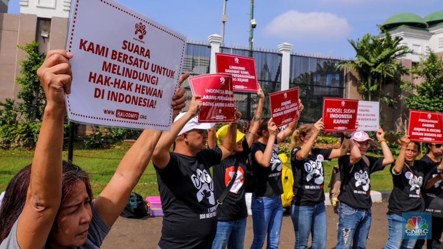 Sejumlah aktivis melakukan aksi unjuk rasa yang menyerukan larangan nasional terhadap perdagangan hewan anjing dan kucing di depan gedung DPR/MPR RI, Jakarta, Kamis (1/2/2024). (CNBC Indonesia/Faisal Rahman)