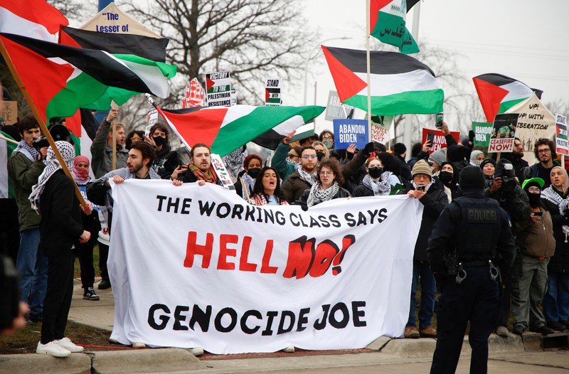Protestors rally for a Cease Fire in Gaza outside a UAW union hall during a visit by U.S. President Joe Biden in Warren Michigan, U.S. February 1, 2024. Protestors rally for a Cease Fire in Gaza outside a UAW union hall during a visit by U.S. President Joe Biden in Warren Michigan, U.S. February 1, 2024. (REUTERS/Rebecca Cook)