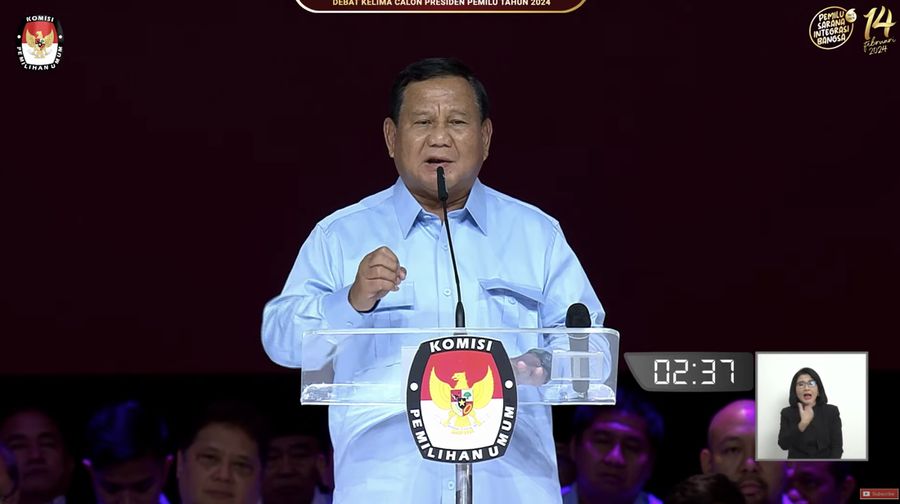 Capres nomor urut 2 Prabowo Subianto menyampaikan gagasanya saat debat calon wakil presiden Pemilu 2024 di JCC, Jakarta, Minggu, (4/1/2024). (Tangkapan Layar Youtube KPU RI)