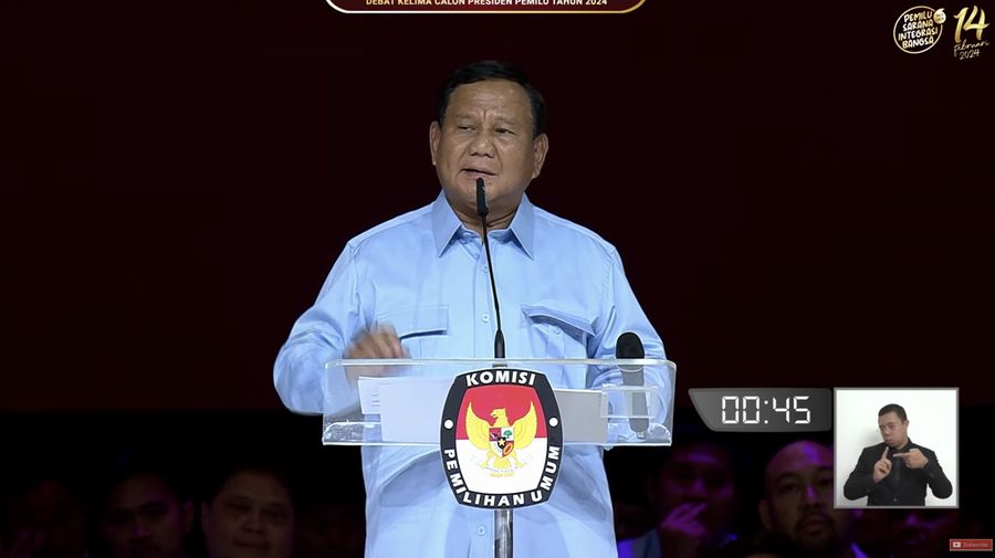 Capres nomor urut 2 Prabowo Subianto menyampaikan gagasanya saat debat presiden Pemilu 2024 di JCC, Jakarta, Minggu, (4/1/2024). Capres nomor urut 2 Prabowo Subianto menyampaikan gagasanya saat debat presiden Pemilu 2024 di JCC, Jakarta, Minggu, (4/1/2024). (Tangkapan Layar Youtube KPU RI)