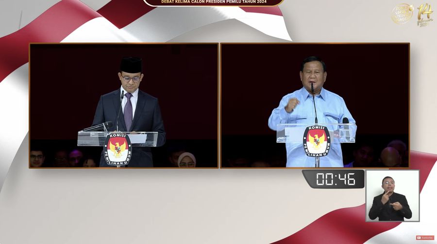 Capres nomor urut 2 Prabowo Subianto menyampaikan gagasanya saat debat presiden Pemilu 2024 di JCC, Jakarta, Minggu, (4/1/2024). (Tangkapan Layar Youtube KPU RI)