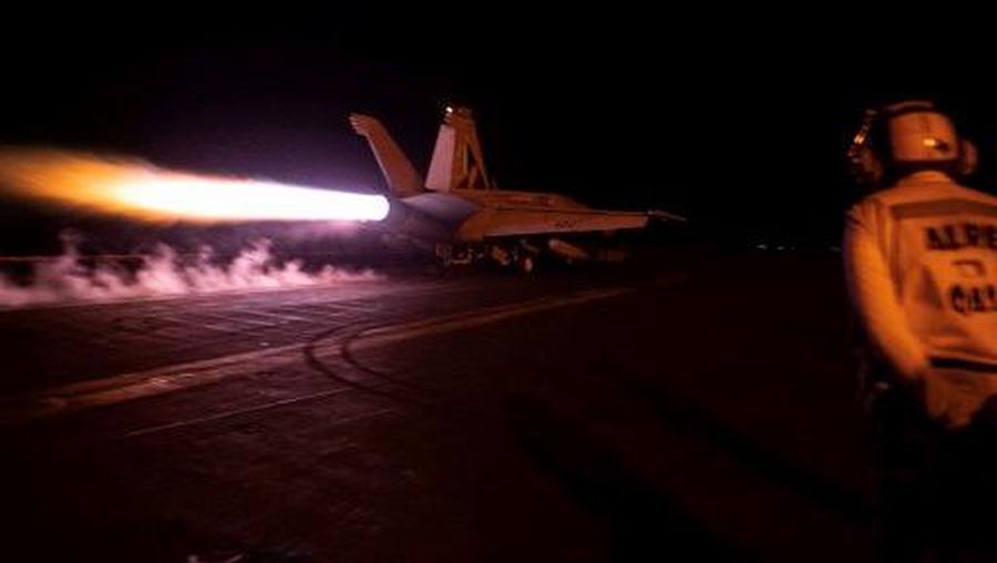 In this photo released by the US military's Central Command on February 3, 2024, US Central Command forces, alongside UK Armed Forces and with the support from Australia, Bahrain, Canada, Denmark, the Netherlands, and New Zealand conducted strikes against 36 Huthi targets at 13 locations in Iranian-backed Huthi-controlled areas of Yemen. These multilateral coalition strikes focused on targets in Huthi-controlled Yemen used to attack international merchant vessels and US Navy ships in the region. (Photo by US Central Command (CENTCOM) / AFP) / RESTRICTED TO EDITORIAL USE - MANDATORY CREDIT 