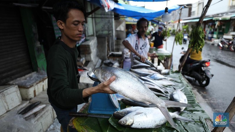 Pedagang ikan Bandeng musiman mulai berjualan di sepanjang Jalan Rawa Belong, Palmerah, Jakarta Barat, Selasa (6/2/2024). Pedagang ikan tersebut biasa berjualan saat menjelang Hari Raya Imlek. (CNBC Indonesia/Tri Susilo)