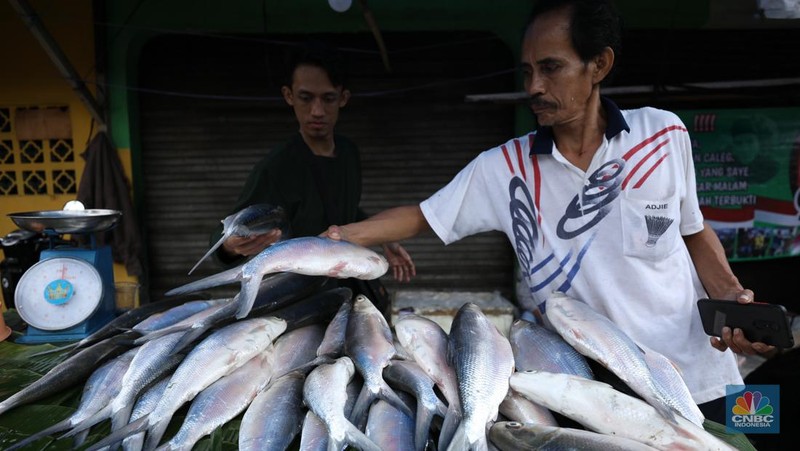 Pedagang ikan Bandeng musiman mulai berjualan di sepanjang Jalan Rawa Belong, Palmerah, Jakarta Barat, Selasa (6/2/2024). Pedagang ikan tersebut biasa berjualan saat menjelang Hari Raya Imlek. (CNBC Indonesia/Tri Susilo)