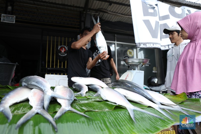 Pedagang ikan Bandeng musiman mulai berjualan di sepanjang Jalan Rawa Belong, Palmerah, Jakarta Barat, Selasa (6/2/2024). Pedagang ikan tersebut biasa berjualan saat menjelang Hari Raya Imlek. (CNBC Indonesia/Tri Susilo)