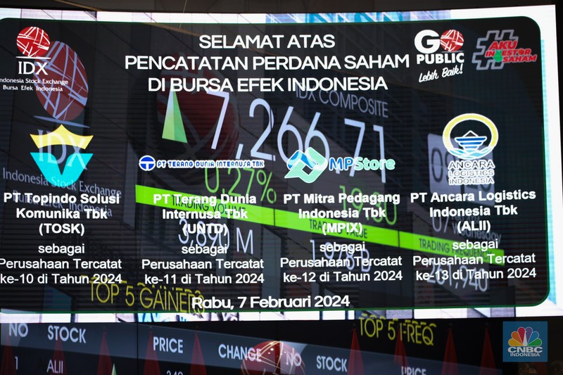 PT Ancara Logistics Indonesia Tbk (ALII) yang merupakan emiten Grup Bakrie, PT Terang Dunia Internusa Tbk (UNTD), emiten sektor teknologi PT Topindo Solusi Komunika Tbk (TOSK) dan PT Mitra Pedagang Indonesia Tbk (MPIX). PT Ancara Logistics Indonesia Tbk (ALII) yang merupakan emiten Grup Bakrie, PT Terang Dunia Internusa Tbk (UNTD), emiten sektor teknologi PT Topindo Solusi Komunika Tbk (TOSK) dan PT Mitra Pedagang Indonesia Tbk (MPIX).