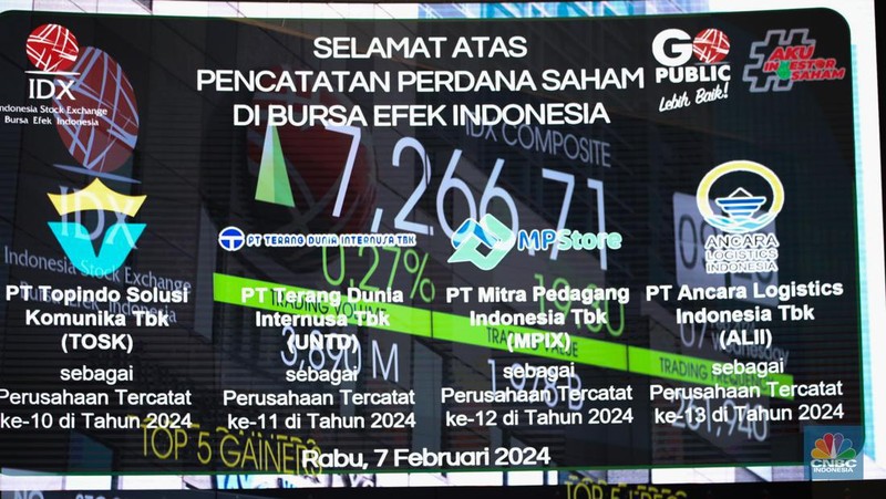 PT Ancara Logistics Indonesia Tbk (ALII) yang merupakan emiten Grup Bakrie, PT Terang Dunia Internusa Tbk (UNTD), emiten sektor teknologi PT Topindo Solusi Komunika Tbk (TOSK) dan PT Mitra Pedagang Indonesia Tbk (MPIX).
