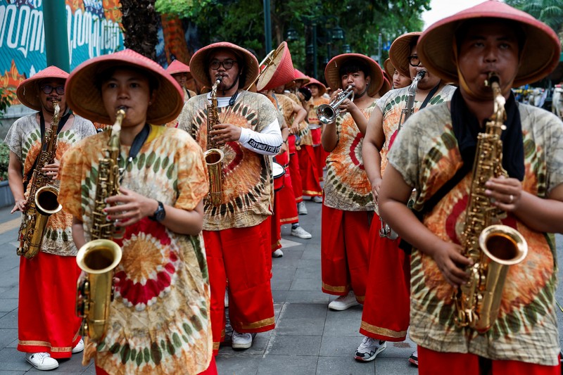 Kampanye akbar calon presiden dan calon wakil presiden nomor urut 3. Ganjar Pranowo dan Mahfud MD di Surakarta, Jawa Tengah, Sabtu (10/2/2024).(REUTERS/Willy Kurniawan)