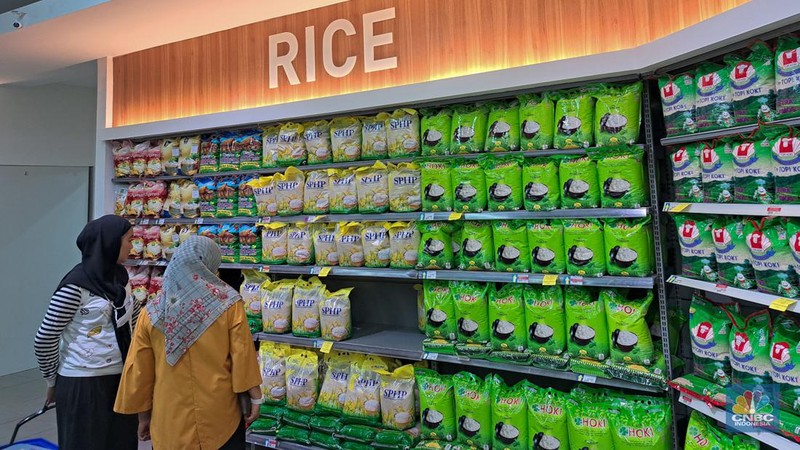 Warga melihat beras kemasan kualitas premium yang dijual pada salah satu gerai Hypermart di Jakarta, Senin (12/4/2024). (CNBC Indonesia/Faisal Rahman)